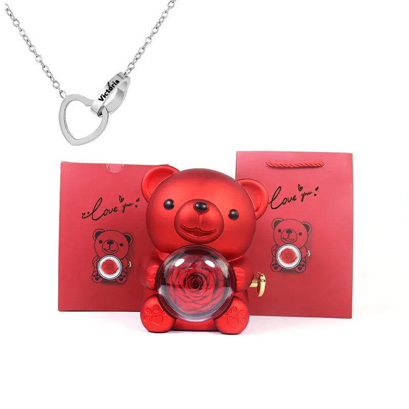 Oso con Rosa Eterna y Collar Personalizado