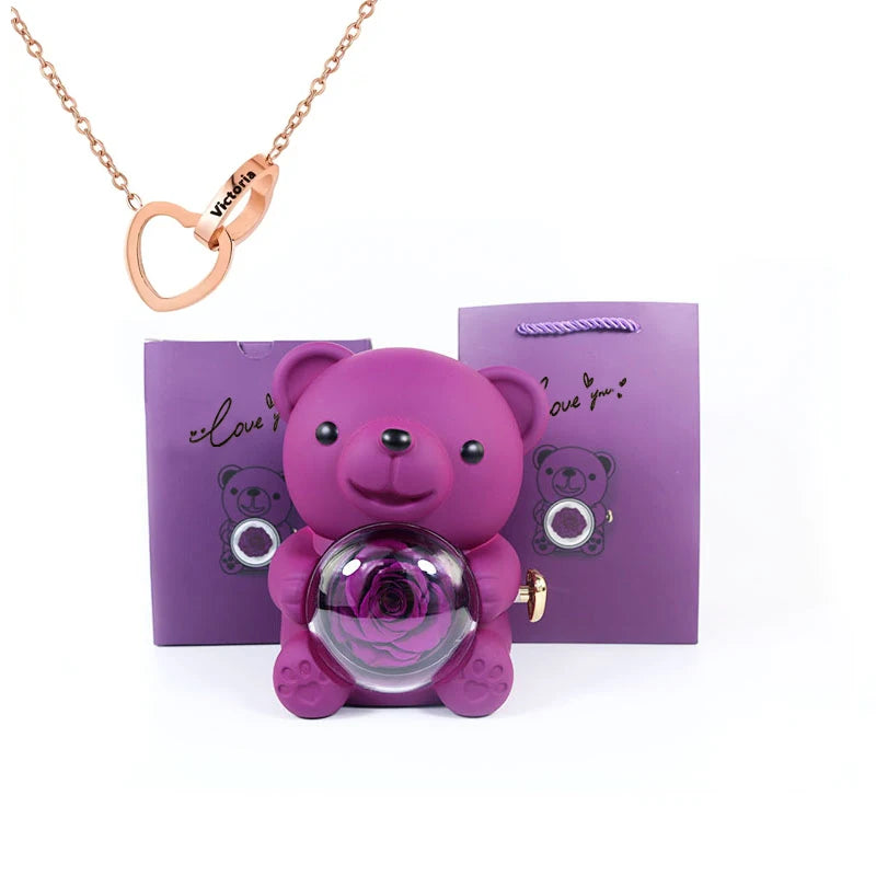 Collar con nombre grabado en forma de corazón 2024 y joyero giratorio con flor de rosa eterna, oso encantador para niña/mujer