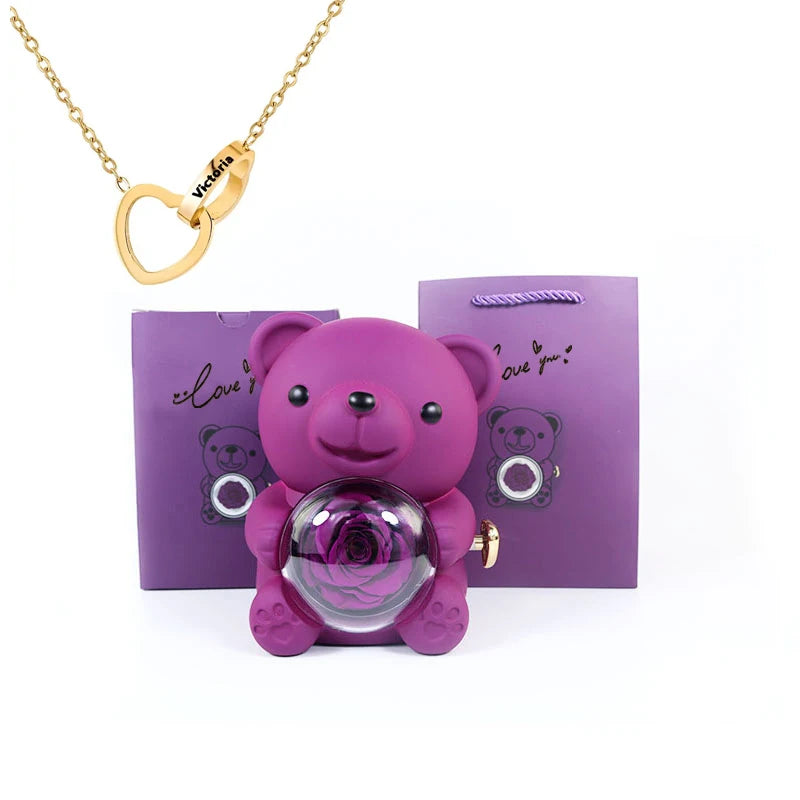 Collar con nombre grabado en forma de corazón 2024 y joyero giratorio con flor de rosa eterna, oso encantador para niña/mujer