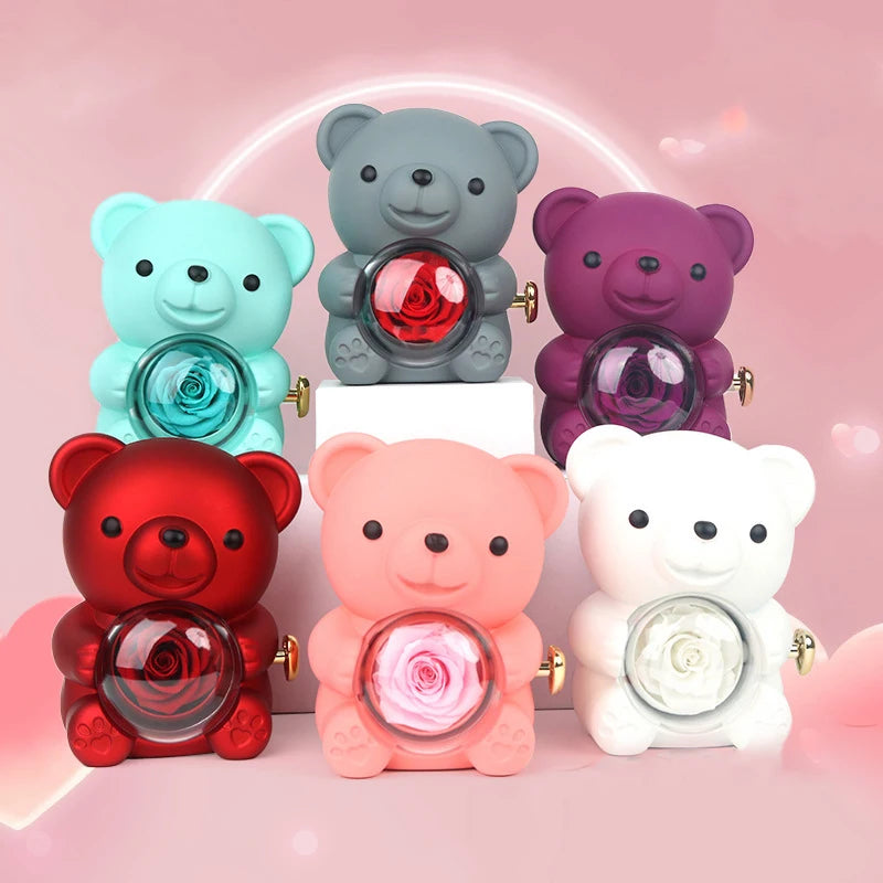 Collar con nombre grabado en forma de corazón 2024 y joyero giratorio con flor de rosa eterna, oso encantador para niña/mujer